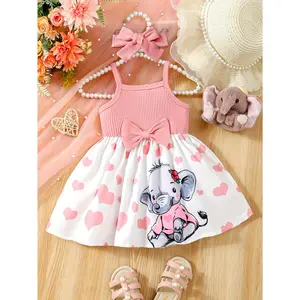 Baby's Cartoon Elephant & Heart Pattern Cami Dress Set, Lovely Bowknot Decor Sleeveless Dress & Headband, Infant & Toddler Girl's Clothing for Summer/Spring, As Gift