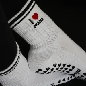 I LOVE DRAMA Grip Socks - fun pilates socks - fun barre socks- Non-Slip Heart Grips - classic white grip socks with black details - gift for drama queen