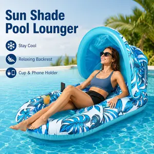 Inflatable Pool Float with Canopy for Adults Tropical Leaf Style, Thick PVC Reclining Water Lounger with Sun Shade, Cup Holder, Backrest and Cool Foot Area, Portable Pool Raft for Beach Travel, Lake, River, Resort Vacation, Poolside Relaxation
