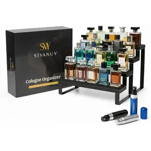 Cologne Stand for Men – 4 Tier Perfume Stand with Velvet Lined Wood & Black – Holds 20, Includes 3 Travel Atomizers – Perfume Shelf for Dresser & Gift for Men
