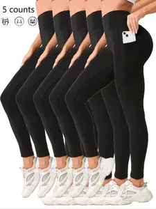 Women's Solid High Waist Pocket Sports Leggings, Casual Comfy Breathable Skinny Pants for Yoga Gym Workout Running, Ladies Sportswear for All Seasons