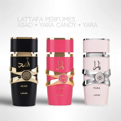 Lattafa Perfumes Asad + Yara Candy + Yara 100ml (3.4oz) - Fragrance Collection Starter Pack - Fragrance Gift Bundle