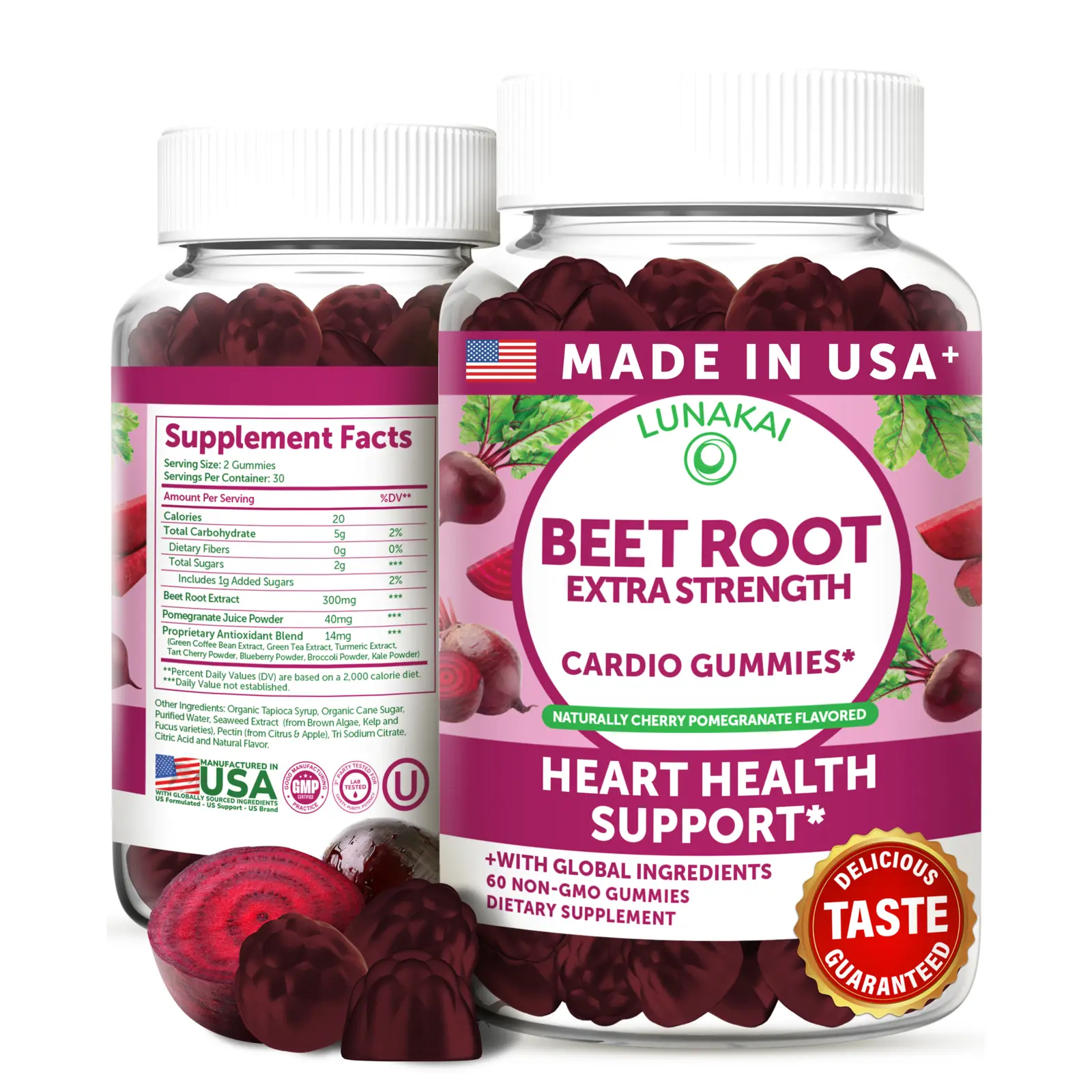Lunakai Beet Root Gummies with Antioxidant Blend - Delicious Non-GMO Beet Chews for Dietary Fitness & Circulation, 60ct Edible Supplement