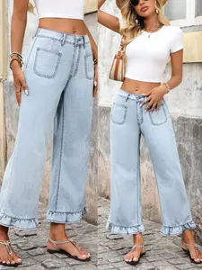 Plus Size Women's Fashion Two-Pocket Flare Jeans, Suitable for All Seasons, Perfect for Fall, Stylish and Comfortable Denim Jeans