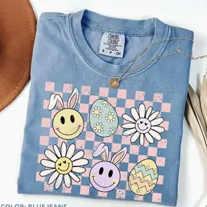 Checker Bunny Egg Shirt, Easter Bunny Smiley shirt, Easter Day Gift, Retro EasterUnisex tee Trendy TShirts, Unisex Shirt Top Streetwear IBK