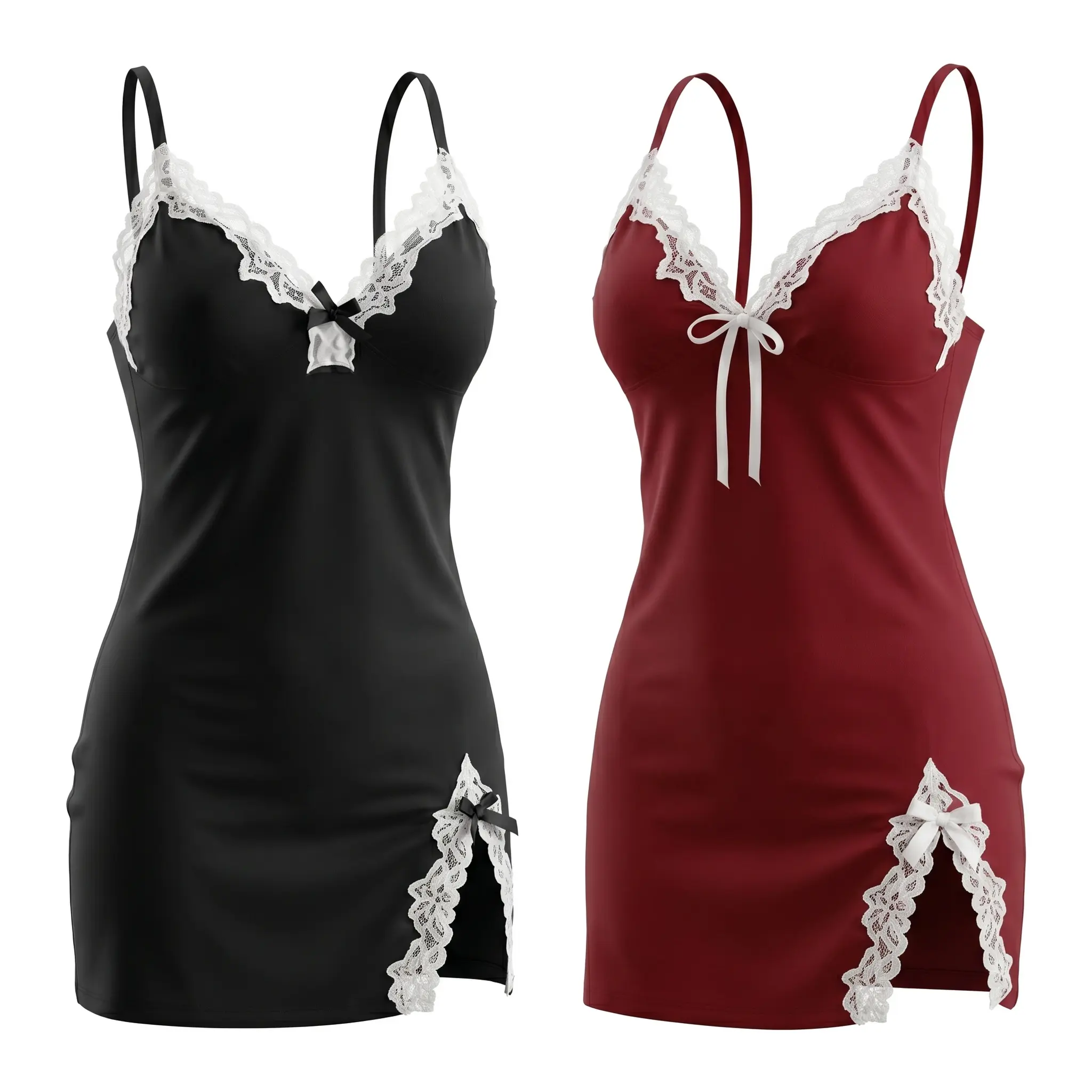 Women's 4-Pack Sleeveless Satin Nightgowns - Casual Elegant Fitted Style, Sexy V-Neck Spaghetti Straps, Lace Trim, Bowknot, Side Slit, Comfortable Sleepwear for Lounge & Bedtime