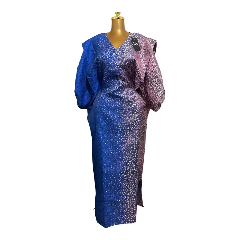 Mariama Luxury Bricade Damask Bubu Floor Length Nigerian Rich Aunty Dress in Pink and blue  Pattern Casual Womenswear Maxi with Adjustable Belt and Head Scarf and head band