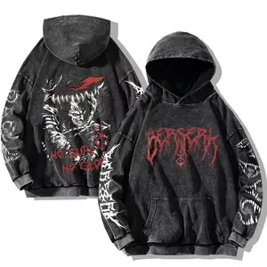 Gothic Print Vintage Washed Hoodie Hip Hop Streetwear Cotton Sweatshirts Harajuku Casual Hooded Pullover Mens Berserk Hoodies