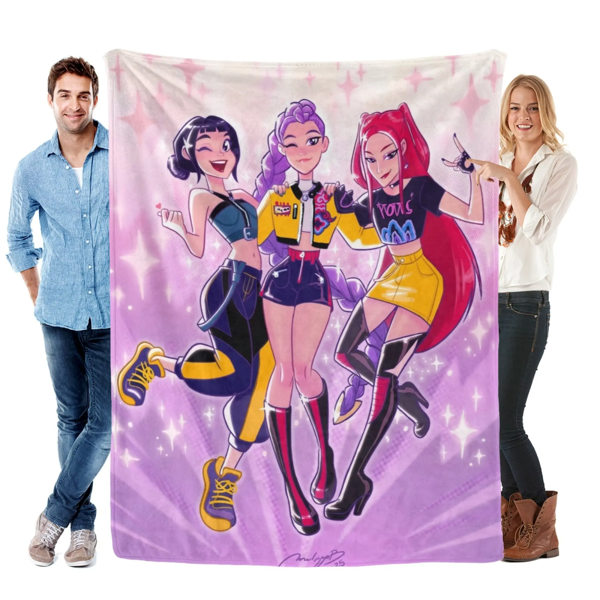 K-Pop Demon Hunters Main Trio Cartoon Flannel Blanket, Sparkly Pink Star Background Warrior Girls Graphic Soft Cooling Throw for Bedroom Camping, Lovely Anime Decor, Ideal Xmas Birthday Gift for Girls Youth Animation Lovers