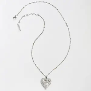 Silver Diamond Heart Necklace in Titanium Steel with Elegant Chain Design for Everyday Wear