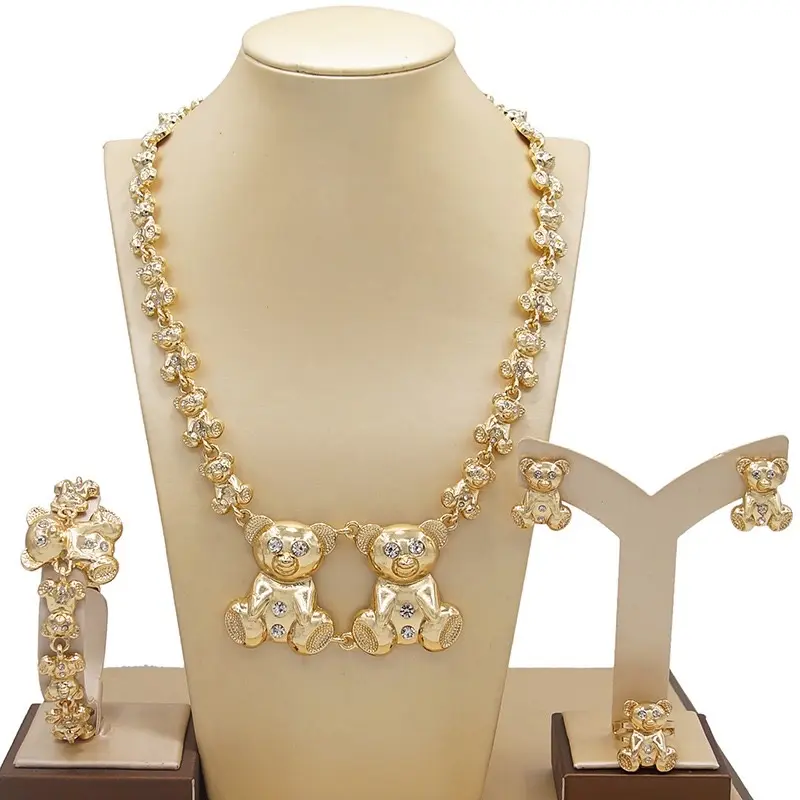 14K Gold Plated 4 Piece Set Necklace Bracelet Ring Earrings with Adorable Bear Charms and Sparkling Details