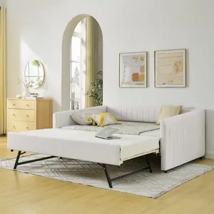 Daybed with Trundle Upholstered Sofa Bed, with Vertical Stripes, Linen Fabric, Beige (82.5"x58"x30")
