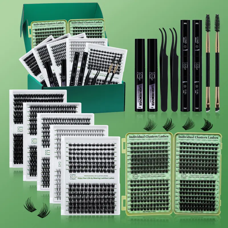 Plant Fibres Lash Cluster Kit, 1672 D-Curl False Eyelashes & Adhesives Accessories Bundle - 5 Trays, 1 Mixed Length Style Book, Bond&Seal, Remover, Tweezer, 2 Brushes - Beginner-Friendly for DIY Home Use