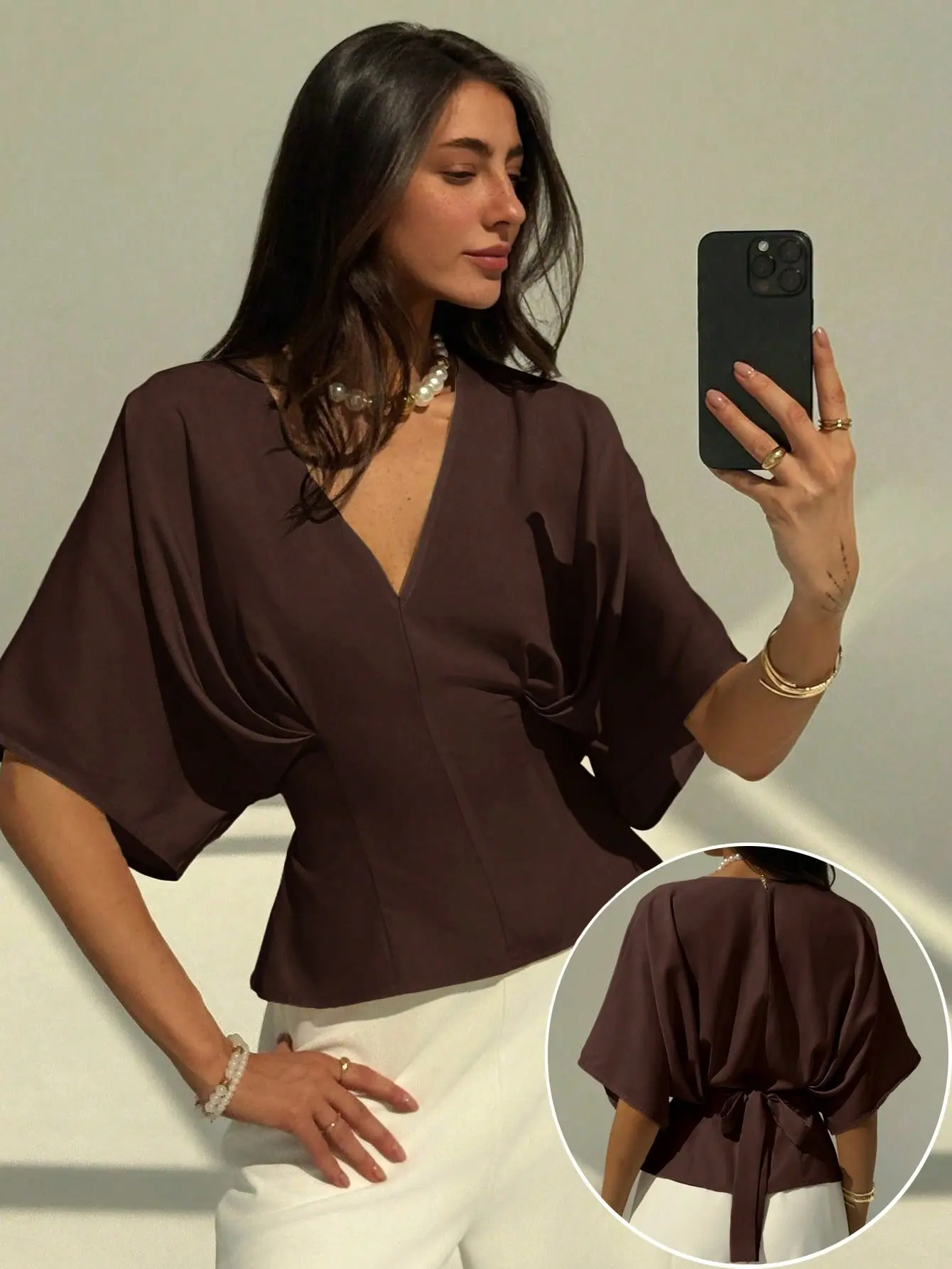 Women’s Elegant Bow Back Blouse – Solid Color Short Sleeve Summer Top, Minimalist Loose Fit Office Commute Chic Shirt, chic loose fit blouse, business casual top women