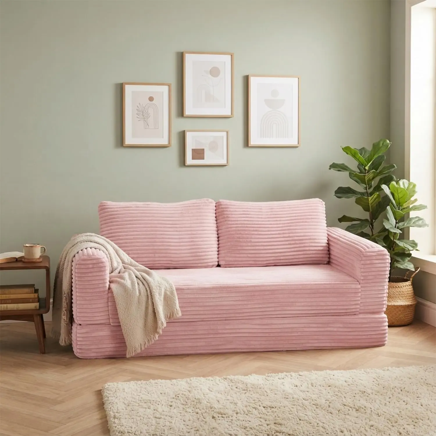 55 Inch Convertible Sleeper Sofa Bed, High Back Corduroy Folding Floor Mattress Couch, Boneless Futon Loveseat with Pull Out Bed, No Assembly Required (Pink)