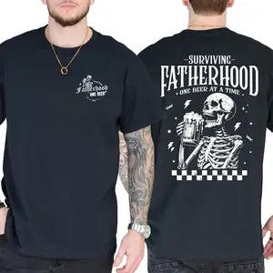 Funny Fatherhood Shirt, Surviving Fatherhood One Beer At A Time T-Shirt, Short Sleeve Printed Graphic Shirt, Daily Casual Cotton Menswear