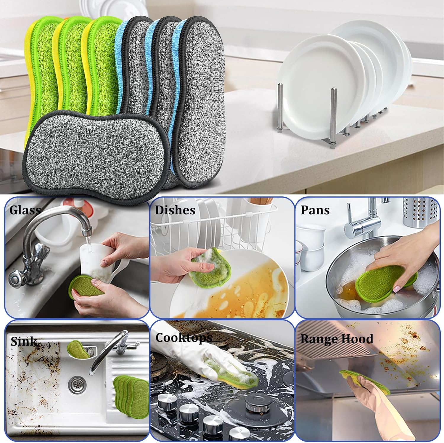 Dish Sponges Kitchen, 12 Pack Multi-Purpose Microfiber Scrub Sponge - Dual-Sided Heavy Duty Non-Scratch Scrubber, Reusable Cleaning Sponge for Dishes, Pots, Pans, Stovetop & Sink Dish Sponges Kitchen, 12 Pack Multi-Purpose Microfiber Scrub Sponge - Dual-Sided Heavy Duty Non-Scratch Scrubber, Reusable Cleaning Sponge for Dishes, Pots, Pans, Stovetop & Sink