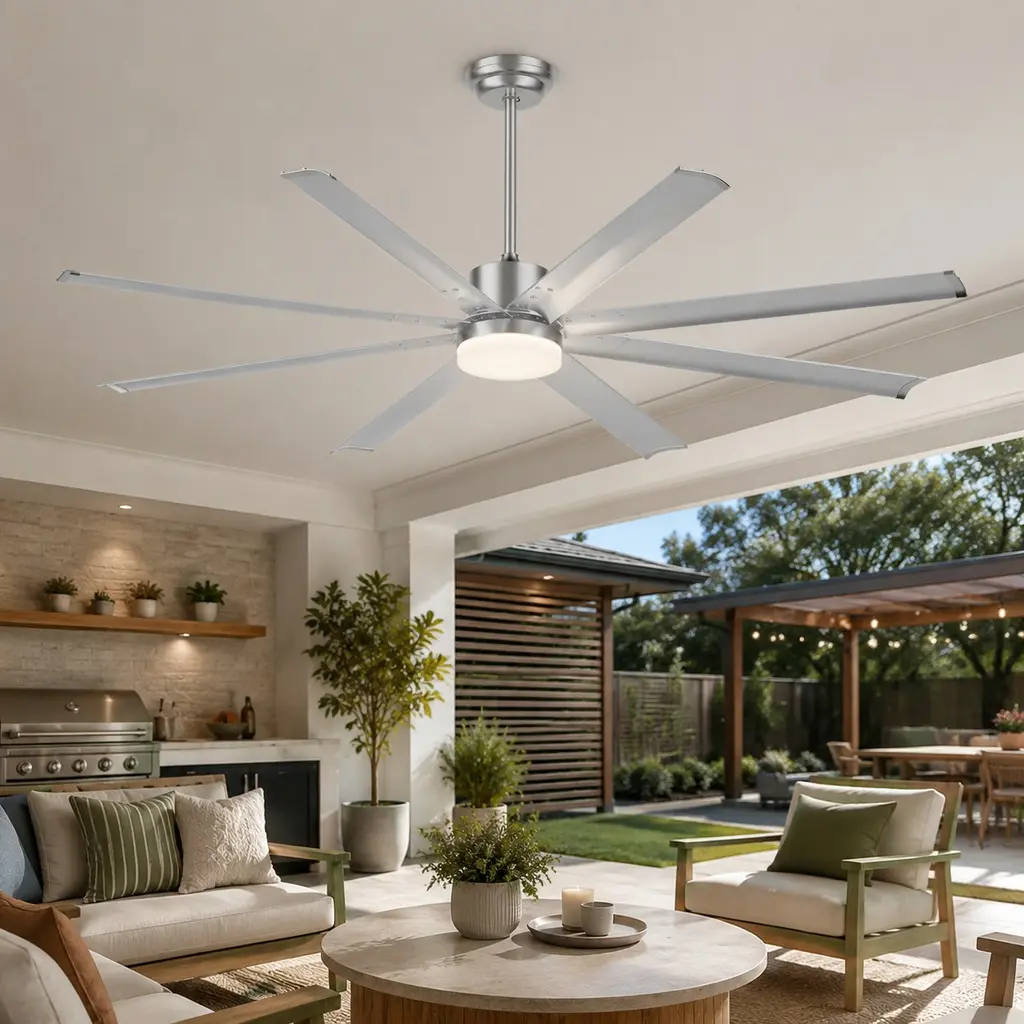 72 Inch Industrial DC Motor Ceiling Fan with Light, 8 Aluminum Blades, 6-Speed Remote, 3 Downrods, Silver Metal, for Porch Garage Shop Patio Commercial Large Room, Silver Color Options, Aluminium/Metal Material, Industrial Style