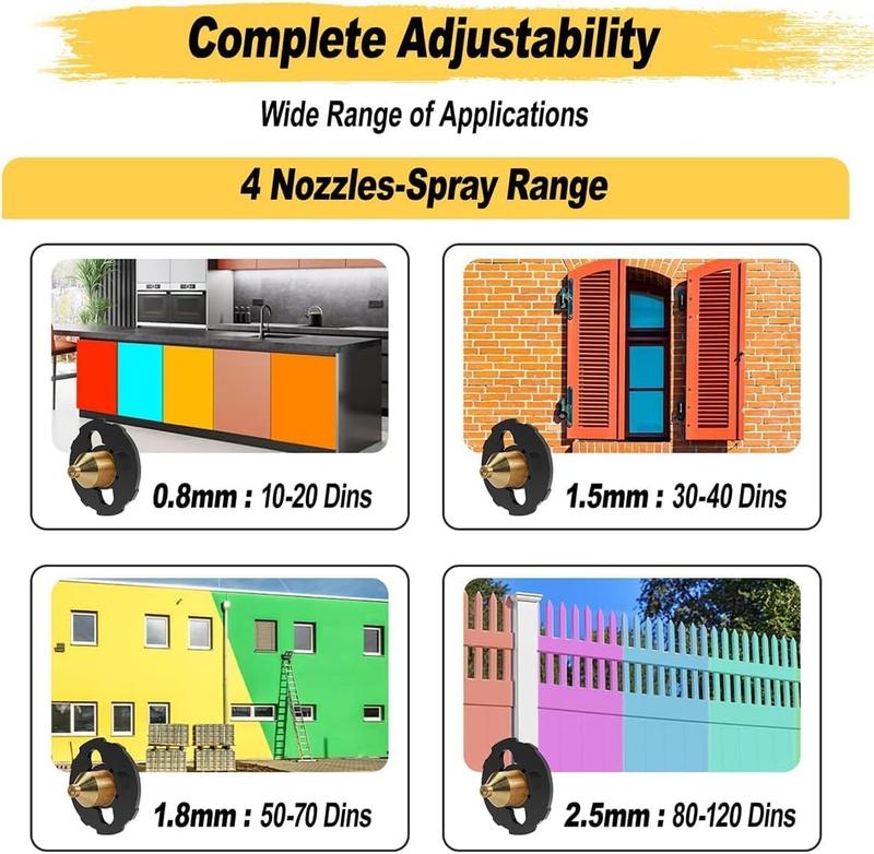 HVLP portable 850W-watt electric paint spray gun with four nozzles,adjustable spray width and flow,ten accessories included,and a large 1000ml container.Suitable for furniture,walls,fences,wood, DIY home decoration, events and holidays.