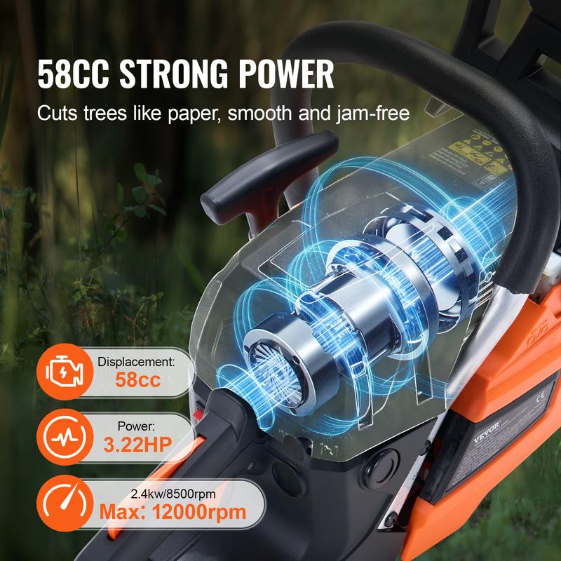 VEVOR Gas Chainsaw,  , 58CC 20" 3.22HP, Gasoline Powered Chain Saw, Handheld Cordless Petrol Chainsaws for Tree Wood Branch Cutting, Tree Trimming, Land Clearing, Farm Garden Ranch Forest Cutting Use