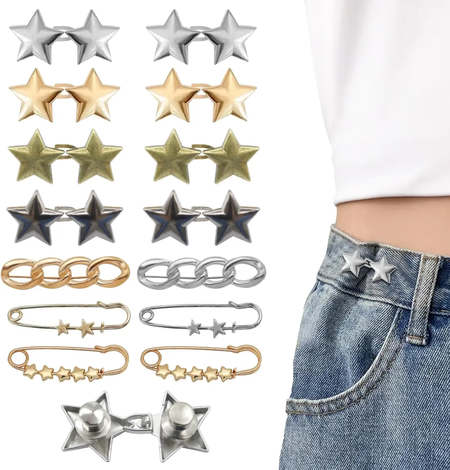 14 Set Metal Star Buttons Pins for Loose Jeans Reusable Waist Cincher Clip No Sewing Decorative Accessories Adjustable Size Detachable Buckle Design