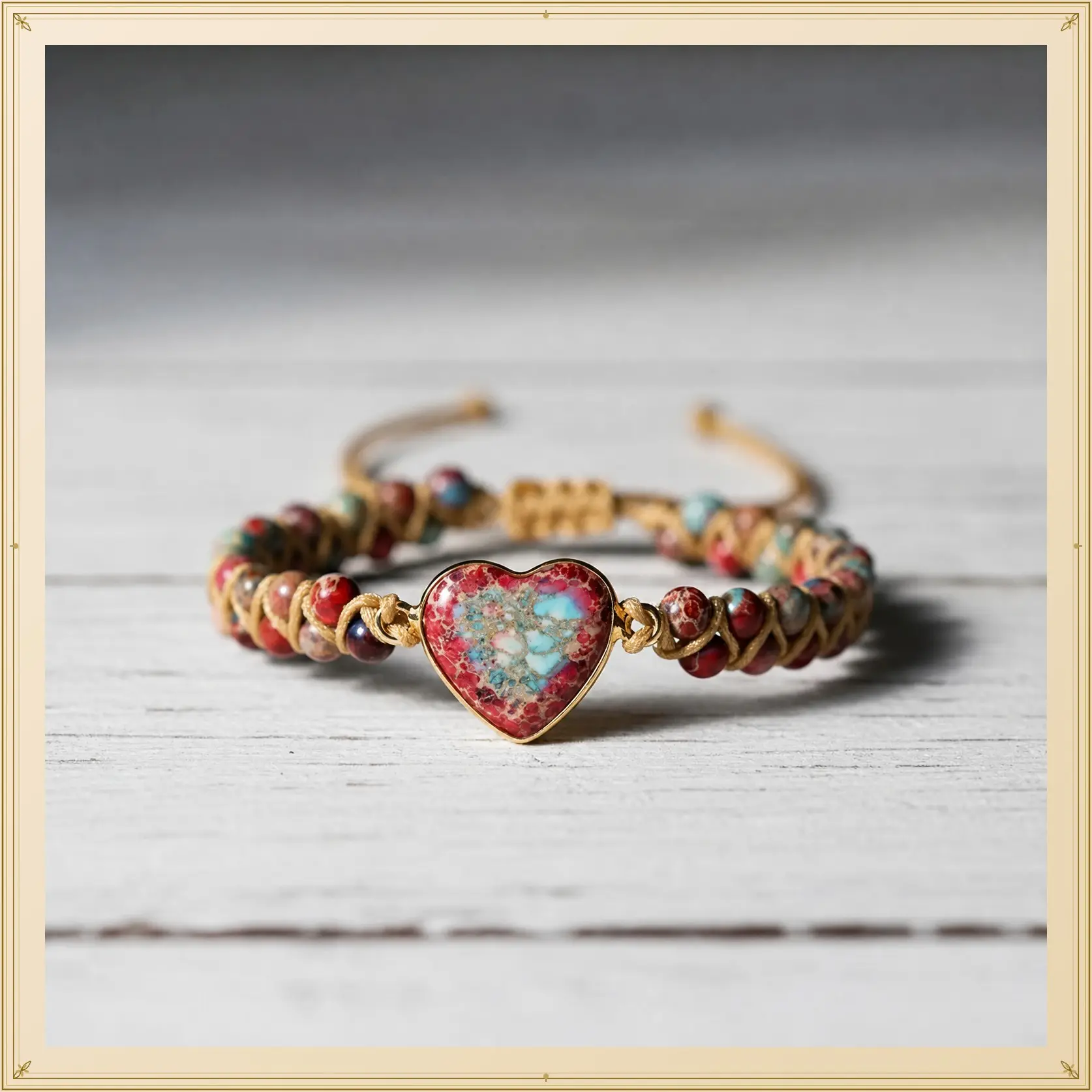 Sofia Natural Red Jasper Bracelet with Heart Charm - Matching Heart Charm Necklace Healing Crystal Jewelry Bohemia Style Adjustable