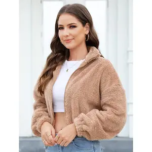 Solid Color Plush Warm Jacket, Zipper Sports Casual Fleece Coat, Suitable for Winter Sports, Women's Fashion Collar, Comfortable Outerwear