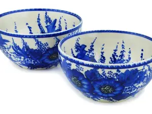 Polish Pottery Set of 2 Bowls Blue Poppy Dream