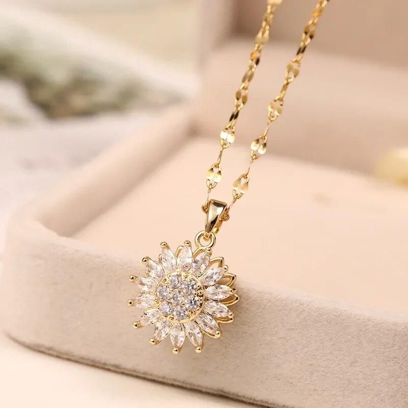 Classic Sunflower Cubic Zirconia Pendant Necklaces For Women Gold Color Alloy Rotate Necklace Elegant Jewelry