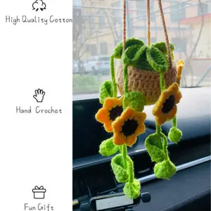 Handmade Crochet Car Sunflower Hanging Decoration, Rearview Mirror Charm, Creative Interior Ornament, DIY Craft Gift Idea, Car Interior Accessory, Car Interior Decorative, Car Interior Ornaments