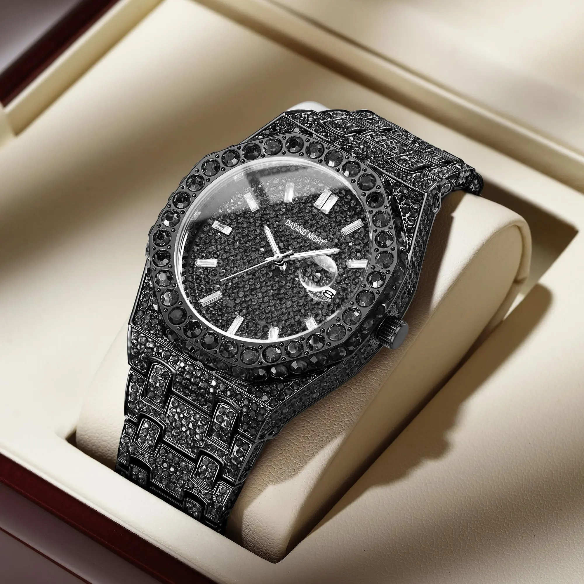 Women's Luxury Day and Night Watch, 42mm Full Moissanite Dial with Japan Quartz, Mineral Glass, and 30M - 50M Water-Resistant Alloy Strap with Clasp, Round, Black Dial Analog, Accessories For Women, Analogue Quartz Watch, Round Face, Japanese Quartz