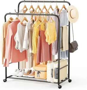 Rods Clothes Rack for Clothes, Rolling Clothing Rack with Wheels, 6 Side Bars Garment Racks for Bedroom Laundry Living Room