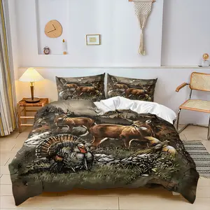 North American Forest Hunting Print Decorative Duvet Cover Set, Includes 1 or 2 Pillowcases, Soft Comfortable Fabric, Vintage Wildlife Pattern, Hunter Style Men's Bedroom Decor