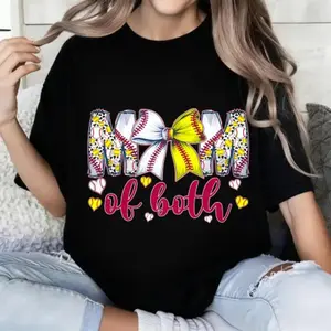 Pure Cotton Mom Of Both Baseball And Softball T Shirt Black With Sports Design And Yellow Bow For Mother Of Active Kids