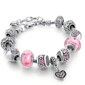 Pink Heart Pendant Bracelet Set, stylish beaded design with a shiny charm, adjustable snake chain for women. Elegant stackable jewelry, a perfect gift for Valentine’s Day and birthdays.