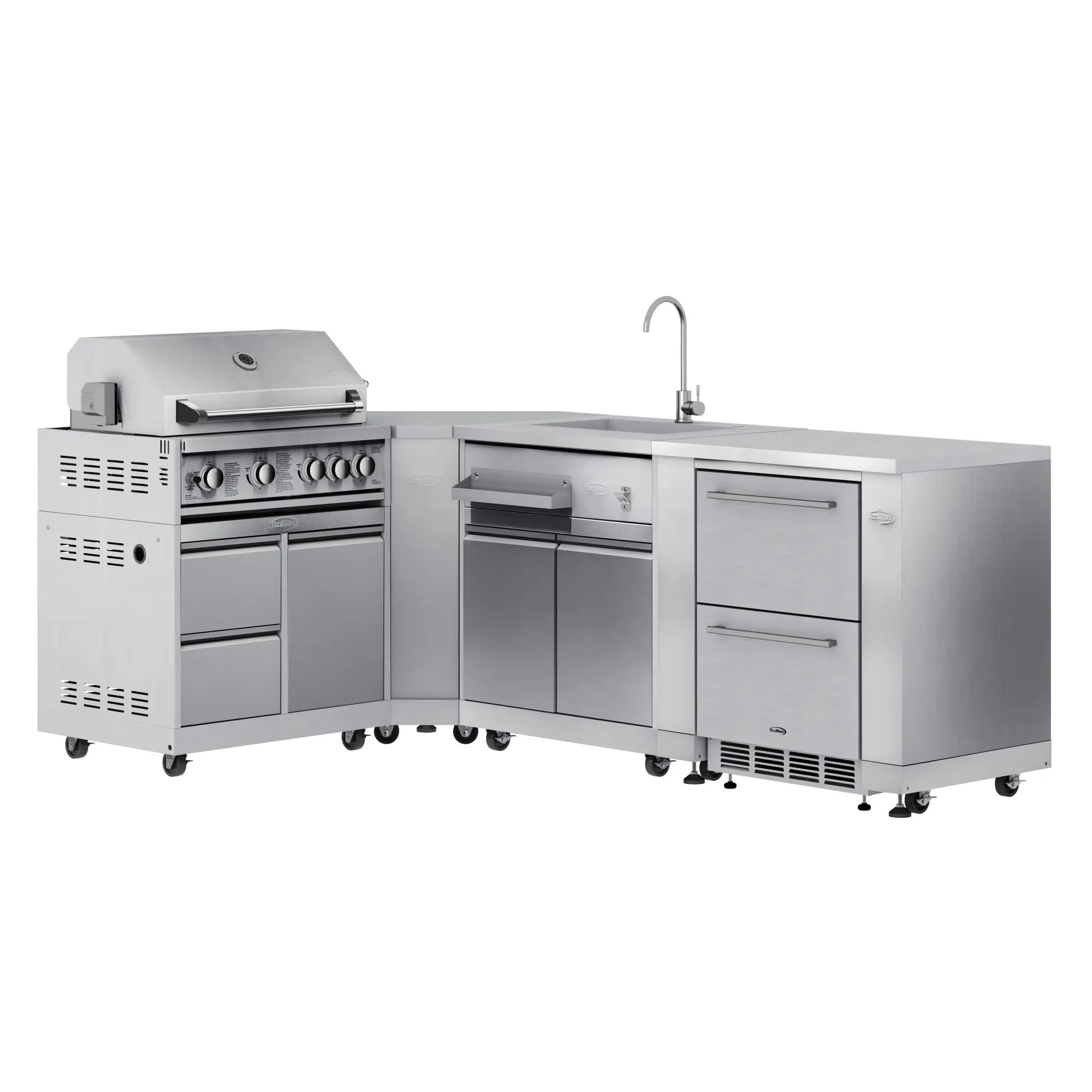 KoolMore Outdoor Kitchen Series Modular Kitchen with a 30 in. BBQ Grill And Grill Cabinet, Corner Cabinet, Sink, Refrigerator and Cabinet in Stainless-Steel (KM-OKSKIT-CONFIG115)