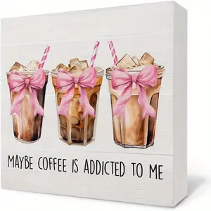 Pink Coquette Bow Maybe Iced Coffee Is Addicted to Me Wooden Box Sign, Pink Retro Wood Block Decorative Plaque Novelty Decor home decoration for Coffee Station Shop Bar Desk Shelf Tabletop Decor 5x5 Inch
