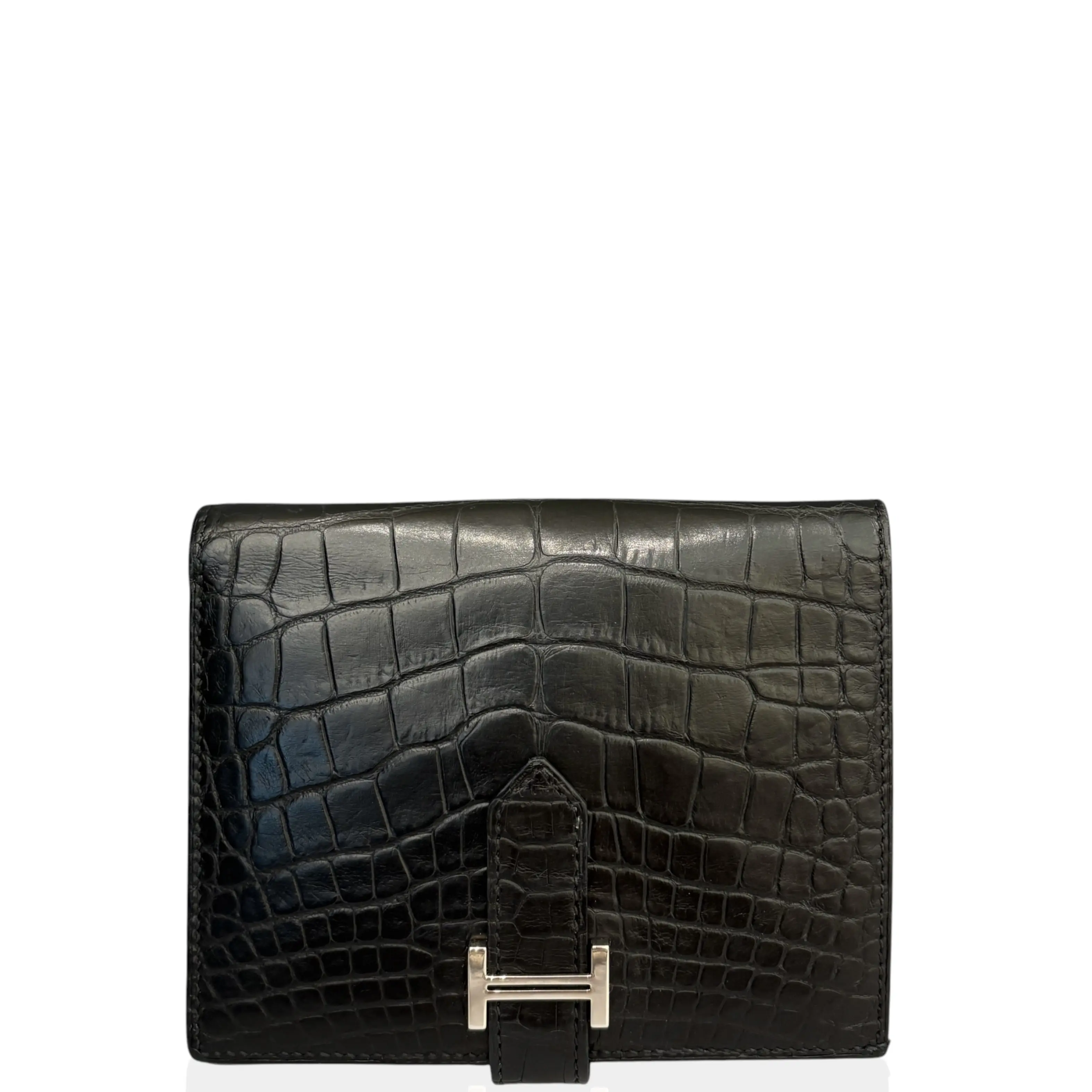 Pre-owned HERMÈS Leather small leather goods Hermes Bearn Compact Wallet Matte Alligator 89 Noir (ko061226a0)