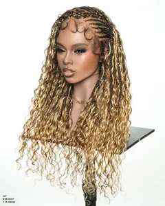 JALIZA Avery Fulani Human Hair Glueless Pre Bleached Human Hair Lace Base Swiss HD Full Lace Cornrow Frontal Boho Box Braided Wig Deep Wave 24 Inches
