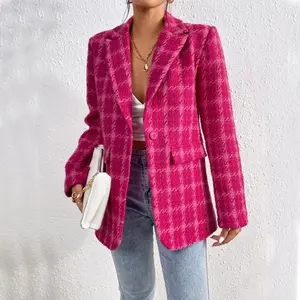 Women’s Houndstooth Tweed Blazer Jacket, Retro Plaid Suit Coat with Single Button, Elegant Long-Sleeve Structured Knit Blazer for Office, Casual Street, or Fall/Winter Chic Outfits