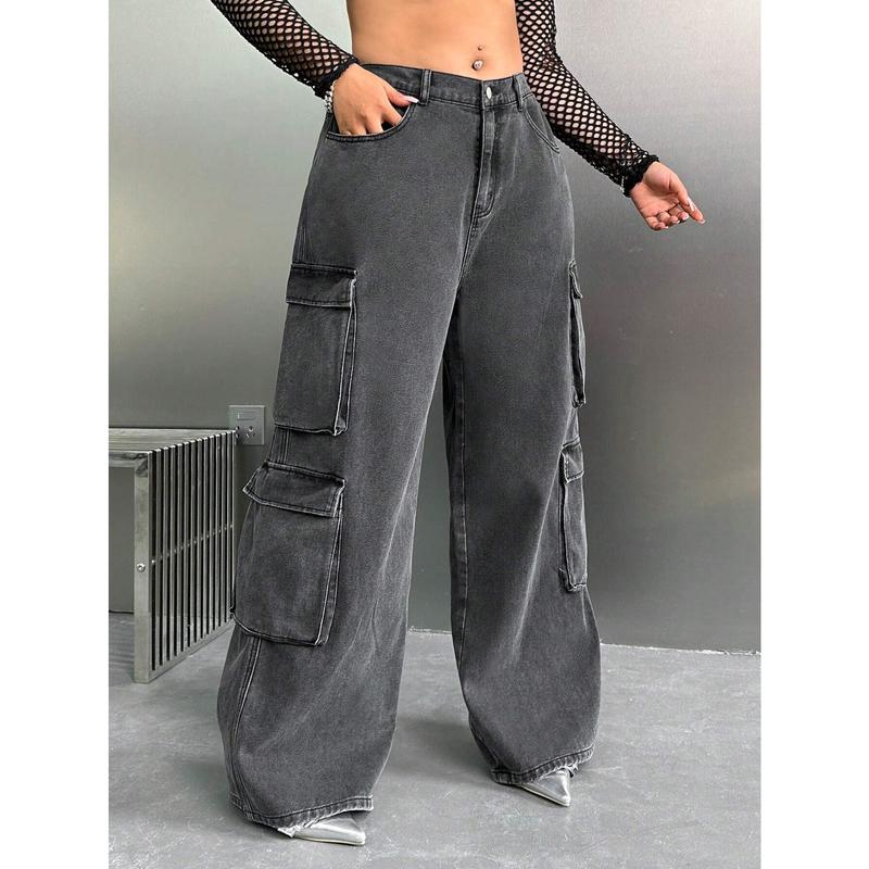 SHEIN X Virginia & Zefelipe Y2K High Waist Black Cargo Pocket plus Size Straight Leg Jeans SHEIN