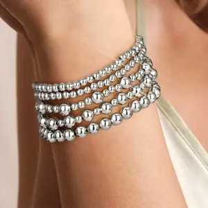 1 Set Silver 3/4/5/6/8mm Beaded Bracelets for Women, Adjustable Strand Bead Bracelet Stack Jewelry Fashion Accessories for Gifts