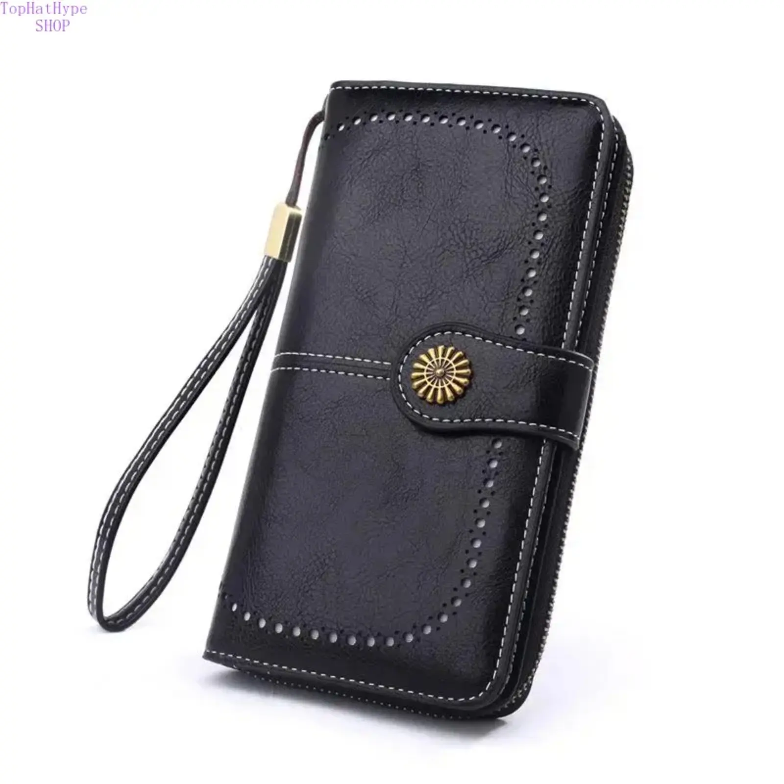 Women's Wristlet Wallet, Vintage PU Leather Clutch with Cutouts & Metal Accents, Spacious Full-Zip Organizer, Stylish Accessories, Long Wallet, Daily, Female, Snap, Retro, Vintage Fashion Accessory Sets, Fashionable Embellished Clutch, Multi Functional Wr