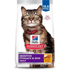 Hill's Science Diet Adult Sensitive Stomach & Skin Dry Cat Food, Chicken & Rice, 15.5 lb. Bag (Updated Formula)