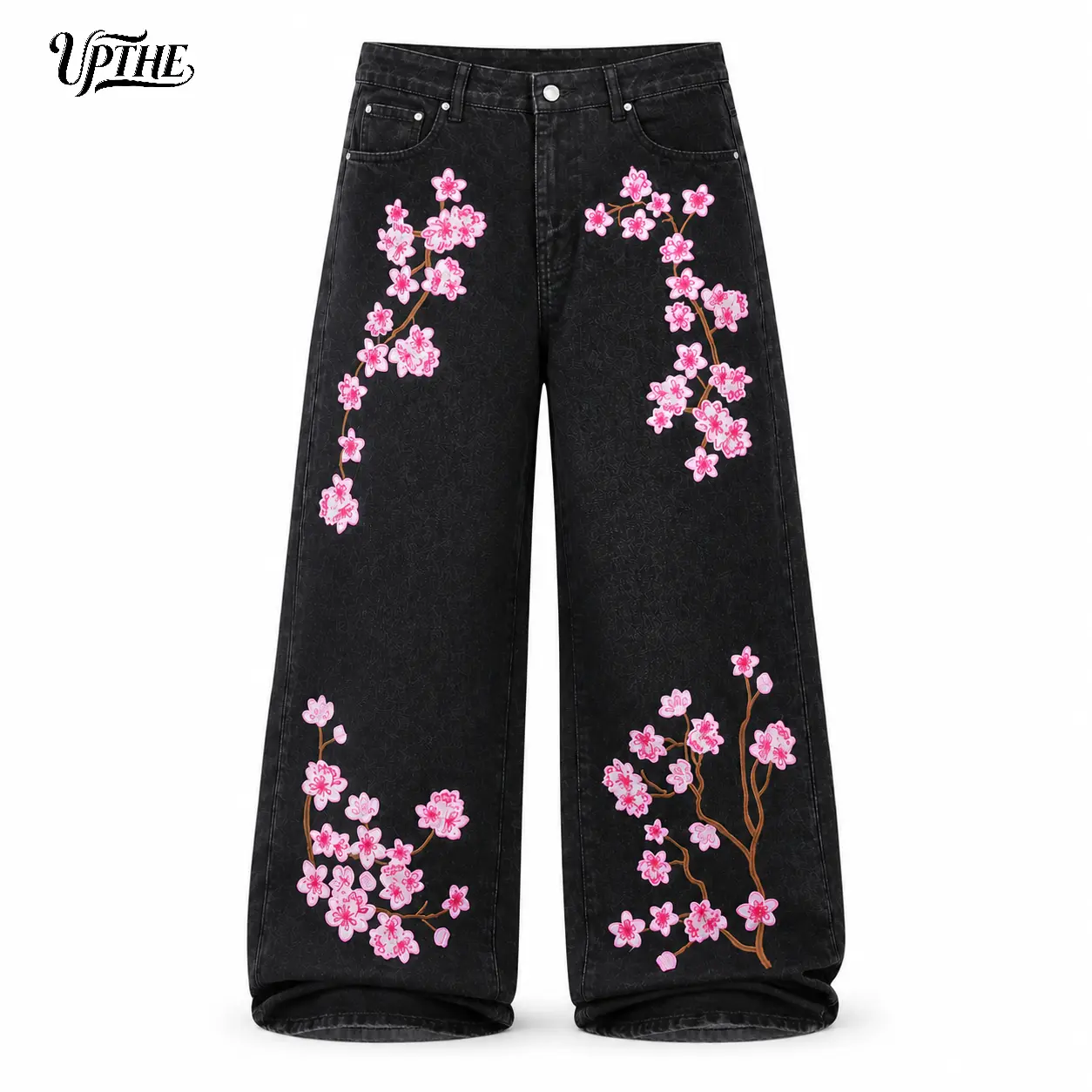 UP.THE Men Y2K Streetwear Black Wide Leg Jeans Pink Cherry Blossom Sakura Embroidery Baggy Loose Fit Denim Pants Casual Daily Outfit