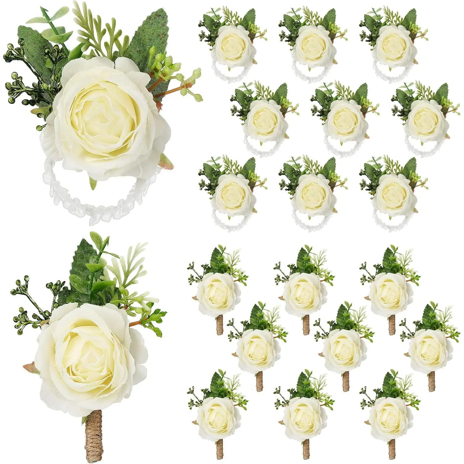 20-Piece Formal White Rose Corsage and Boutonniere Set for Weddings & Proms, Unisex Wristlet & Lapel Flower Pin Kit, Unisex Set