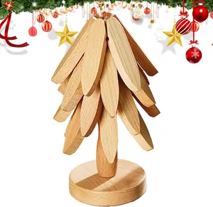 Handmade Wooden Pine Tree Heat-Insulating Mats – 4 Multi-Layer Trivets with Stand, Nordic Kitchen & Table Decor, Foldable Design for Hot Cups, Pots & Pans