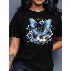 [Butterfly print] Butterfly letter print t-shirt | short sleeve crew neck | casual top | for summer & spring | Women's clothing