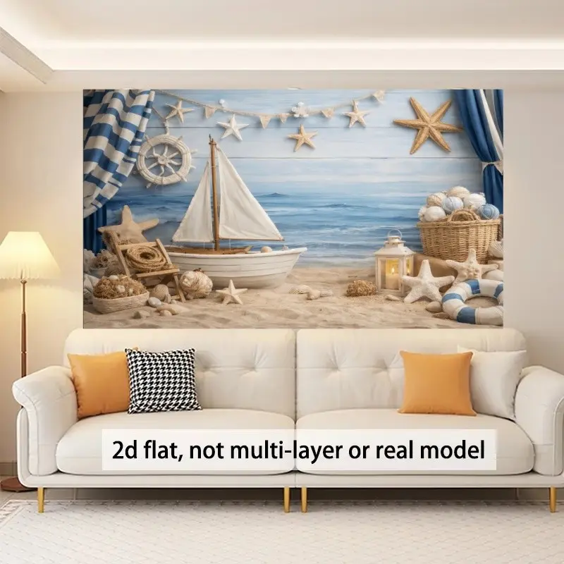 2D Flat 1PC Polyester Nautical Ocean Sailboat Backdrop Banner, Vintage Beach Starfish Lifebuoy Photography Background, Indoor Outdoor Use, Ideal For Ocean Themed Birthday Party, Boy Nautical Baby Shower, Seaside Photoshoot, Home Wall Decoration