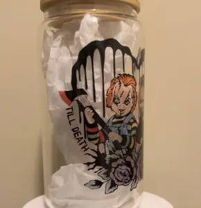 16oz Chucky and Tiffany Love Glass Cup